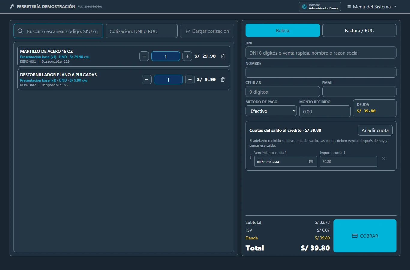Pantalla de ventas de Danlet ERP con productos ferreteros de demostración; interfaz comercial compartida